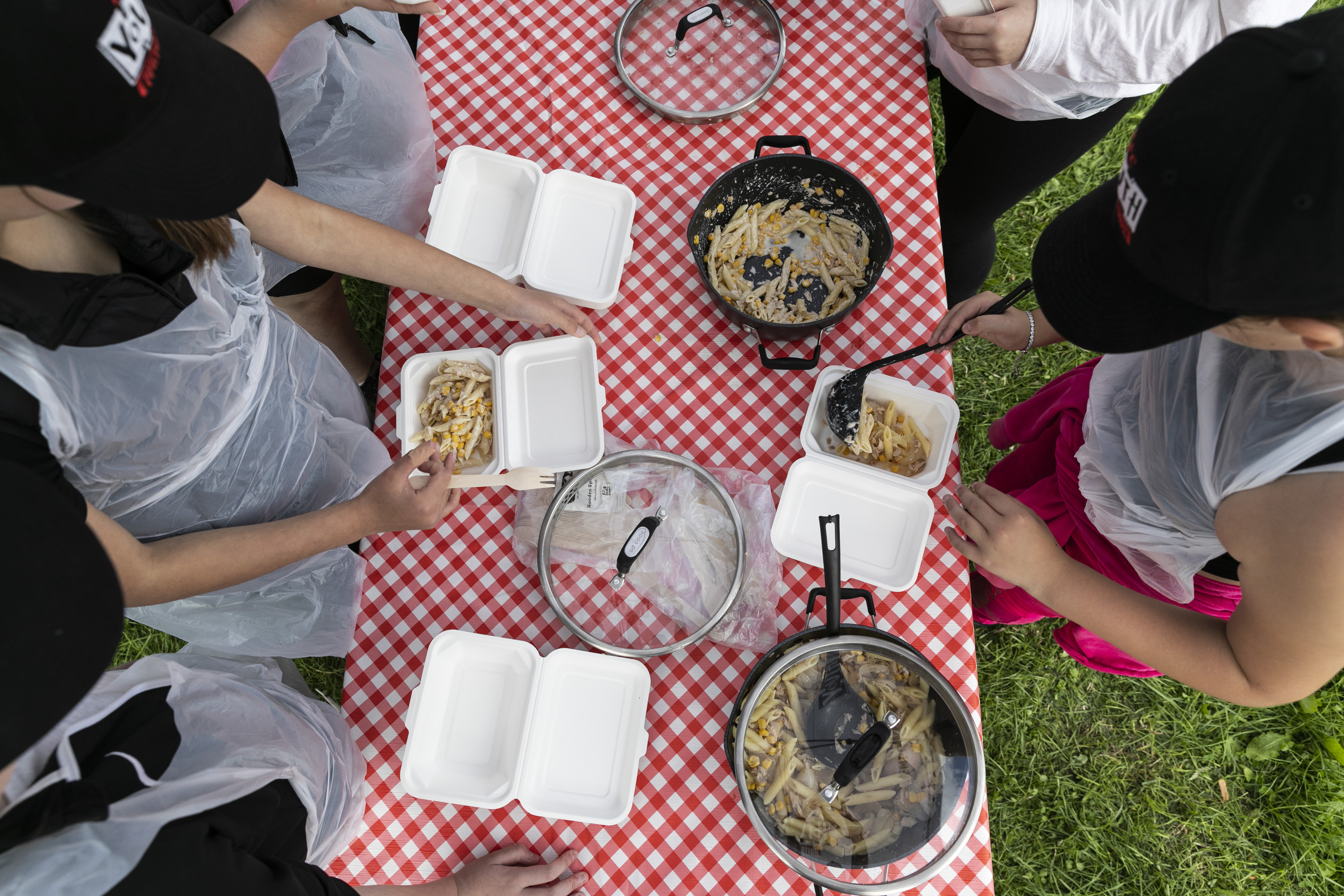 Overhead view of food prepared and being served